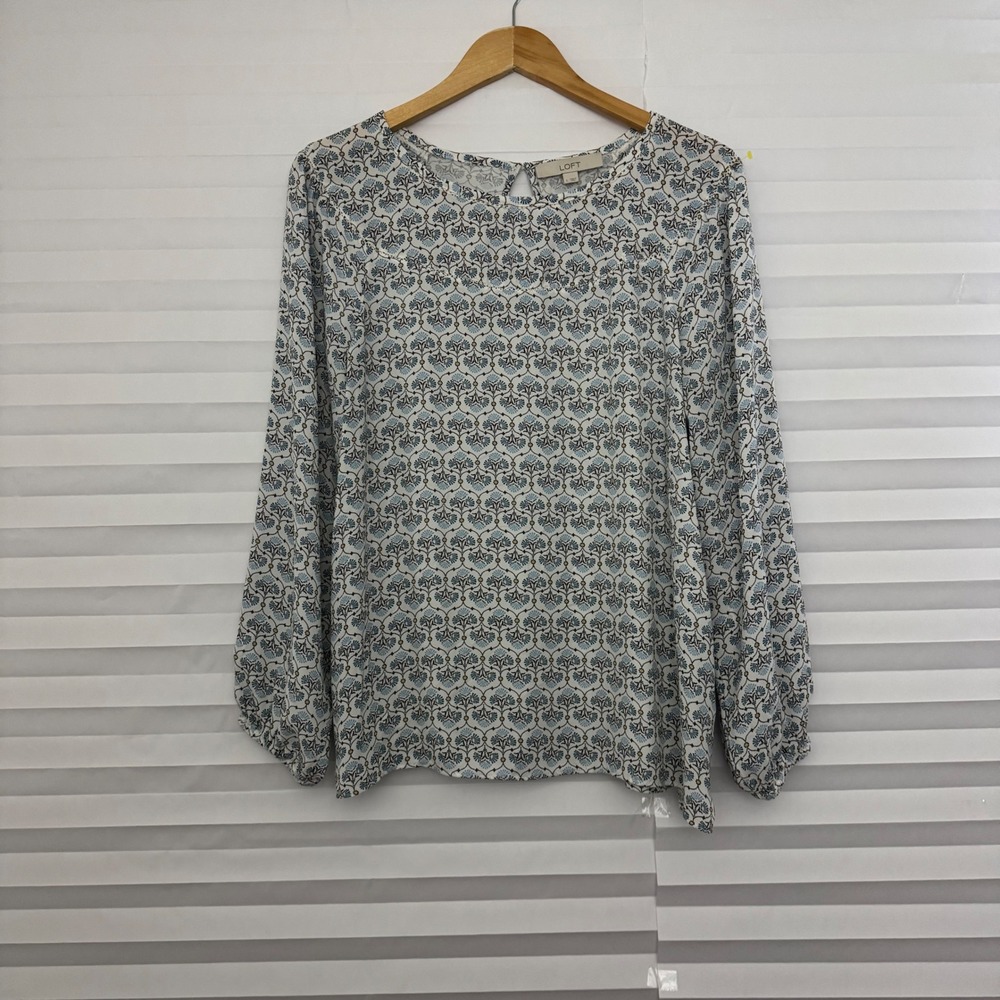 LOFT Womens Blue White Medallion Floral Balloon Sleeve Blouse Top Large Office